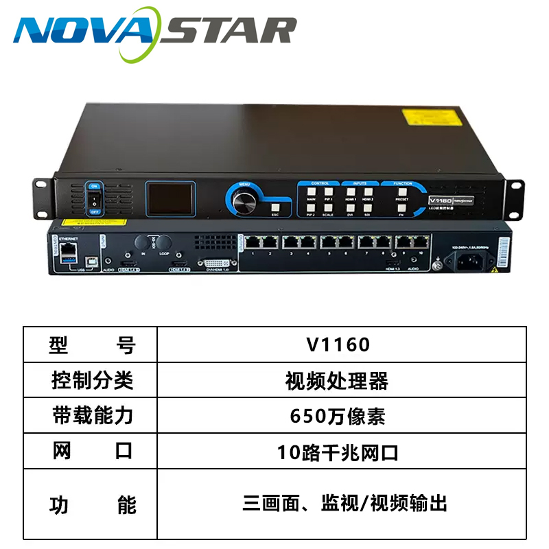 西安诺瓦星云V1160二合一视频处理器工程版，10网口650万像素带载任意三画面窗口，支持监视视频输出