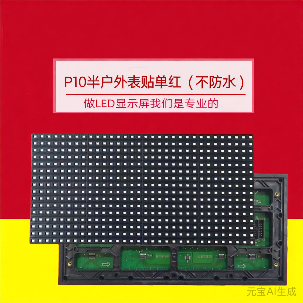 半户外P10表贴单元板，也称亚户外P10单红单色LED显示屏不防水，适合发布各类通知、公告等文字信息，支持多种走字方式